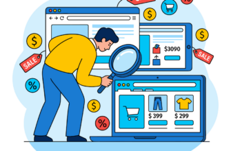 online shopping, price comparison, discount shopping, sale concept, online deals, product search, magnifying glass illustration, smart shopping, consumer behavior, digital marketplace, ecommerce platform, shopping research, deal hunting, price checking, internet commerce, retail marketing, online store interface, shopping cart icon, sales promotion, flat illustration style, modern vector art, marketing concept, bargain hunting, digital retail, ai generated