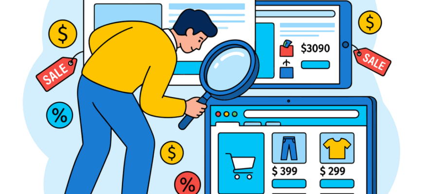 online shopping, price comparison, discount shopping, sale concept, online deals, product search, magnifying glass illustration, smart shopping, consumer behavior, digital marketplace, ecommerce platform, shopping research, deal hunting, price checking, internet commerce, retail marketing, online store interface, shopping cart icon, sales promotion, flat illustration style, modern vector art, marketing concept, bargain hunting, digital retail, ai generated