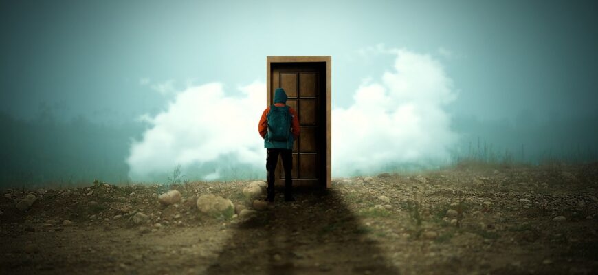 man, door, cloud