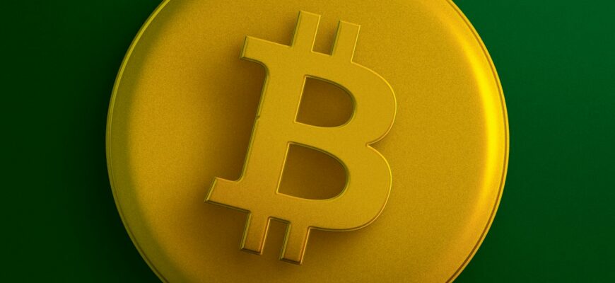 a yellow bit coin sitting on top of a green surface