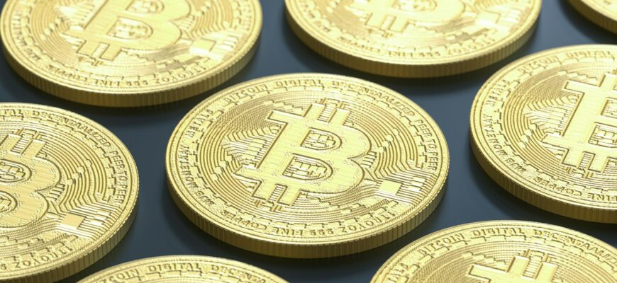a pile of gold bitcoins sitting on top of a table
